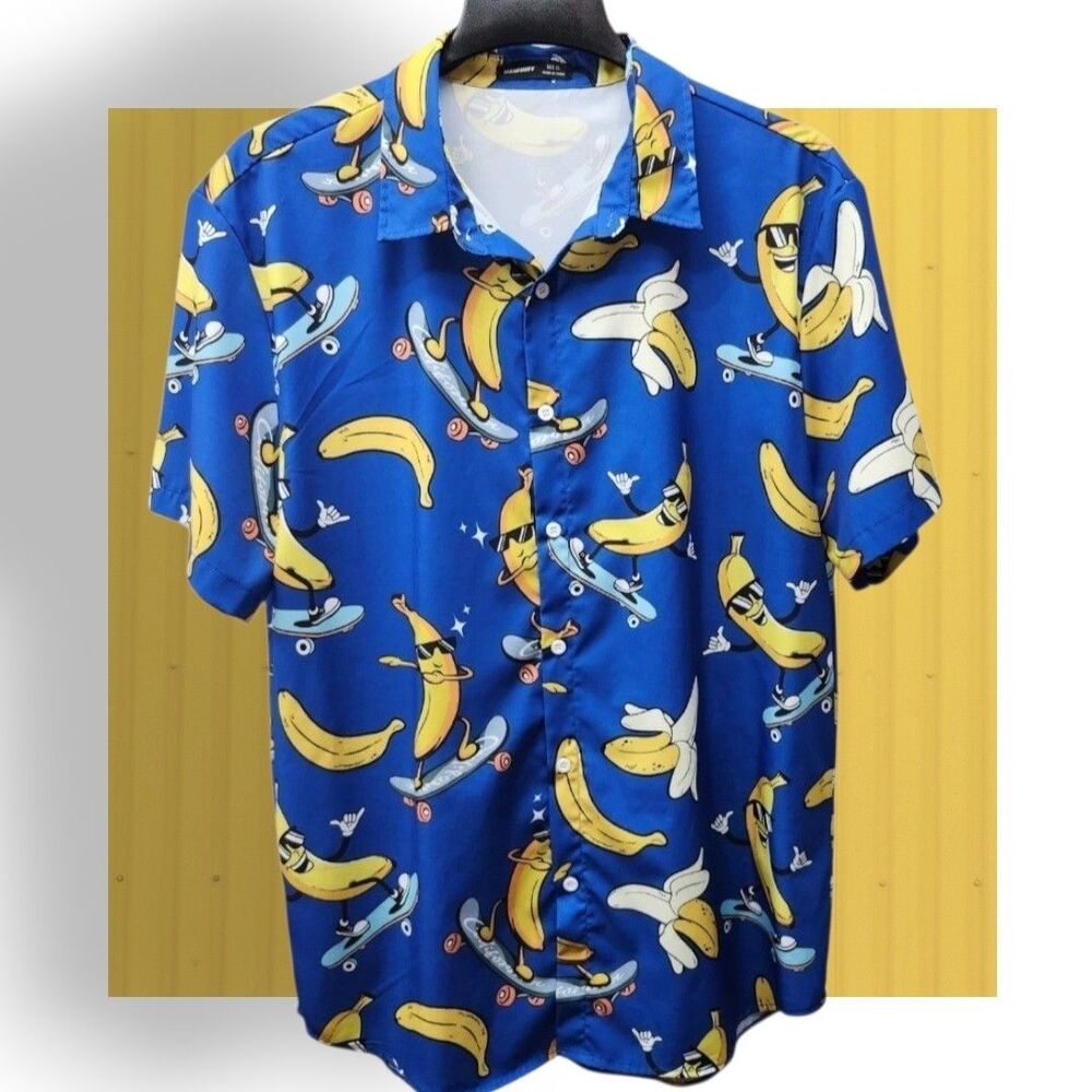 Manfinity Streetwear Skateboarding Banana Shirt Mens XL Blue Yellow Resortwear
